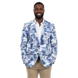 Coastal Beach Hawaiian Modern-Fit Blazer Island & Palm Trees Patterned by Tazio